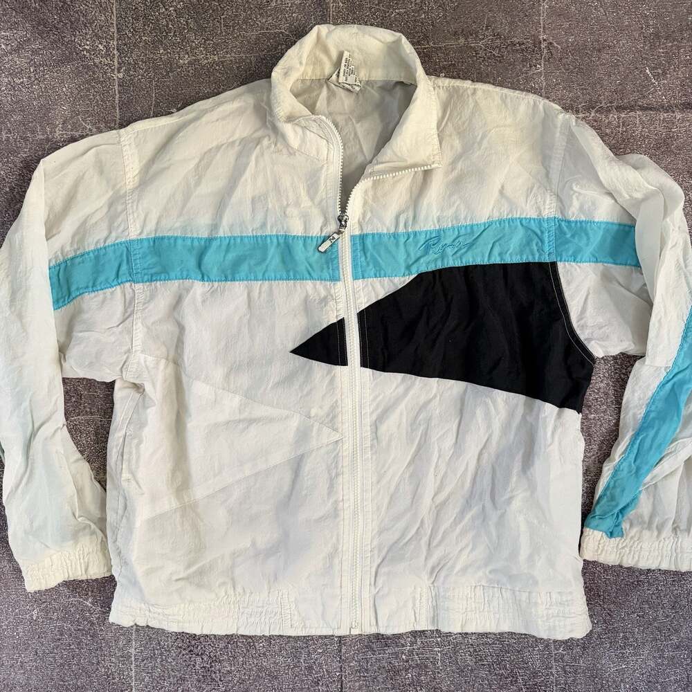 Men's Vintage 90's PUMA White Blue Black Color Block Zip Windbreaker Jacket Sz S